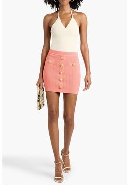 Balmain Coral Pink Ribbed Mini Skirt with Gold Buttons